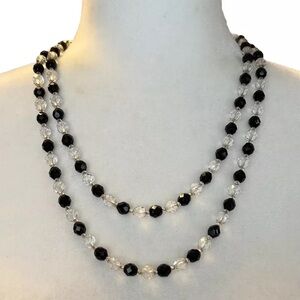 Vintage Art Deco Round Faceted Black And Clear Glass 7mm Beads Necklace 60 cm